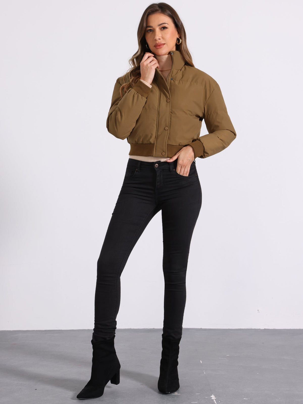Padded cropped bomber jacket for women in red, beige, black, brown, dark yellow or green