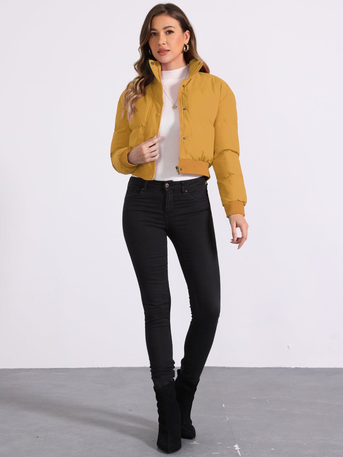 Padded cropped bomber jacket for women in red, beige, black, brown, dark yellow or green