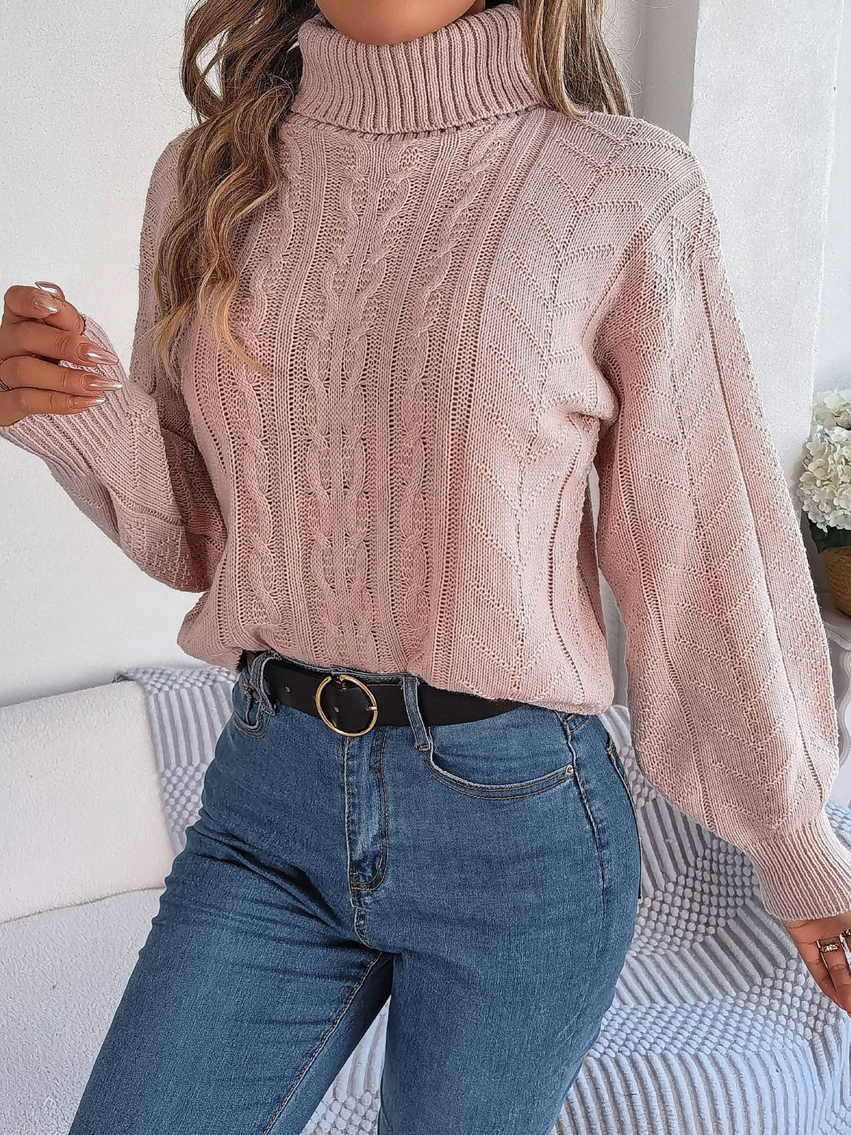 Cable knit turtleneck sweatshirt for women