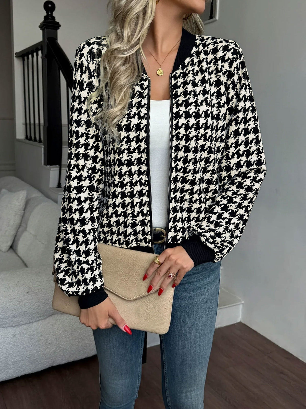 Houndstooth bomber jacket for women in black and cream