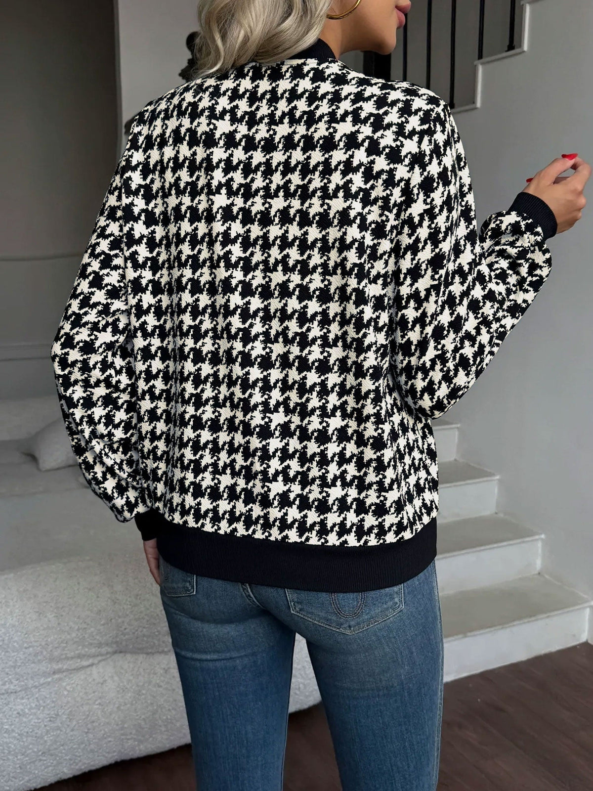 Houndstooth bomber jacket for women in black and cream