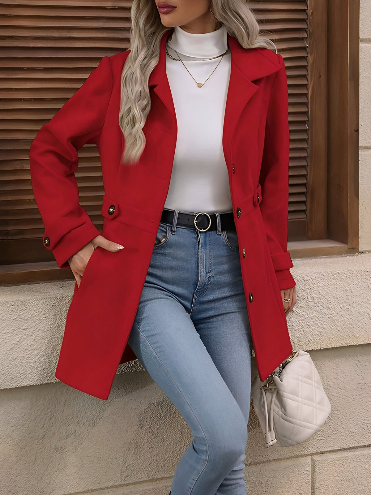 Fitted trench coat for women in khaki, apricot, black or bright red