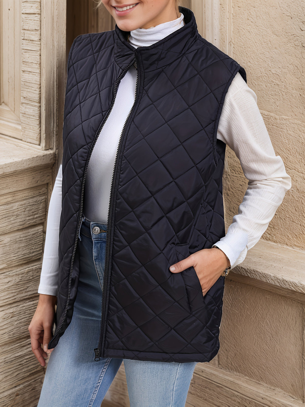 Black diamond quilted longline vest for women