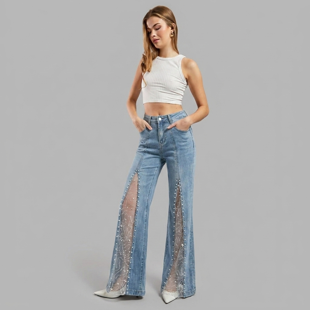 Pearl slit wide leg jeans for women