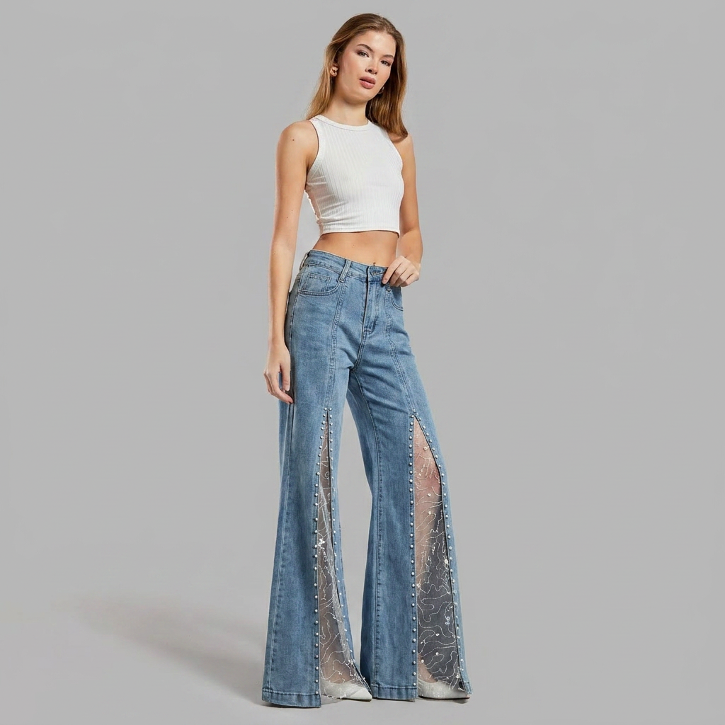 Pearl slit wide leg jeans for women
