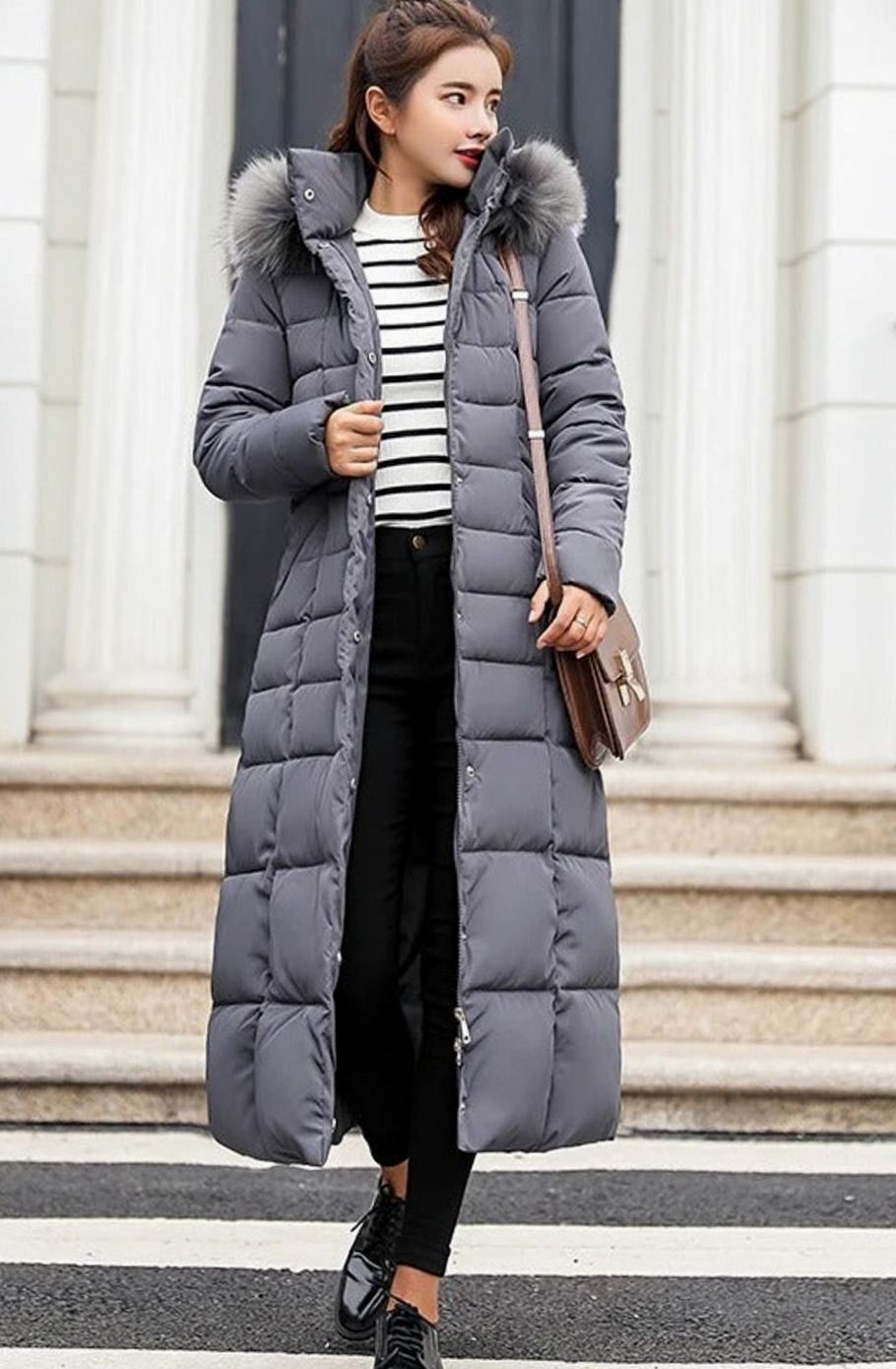 Long hooded puffer belted coat for women