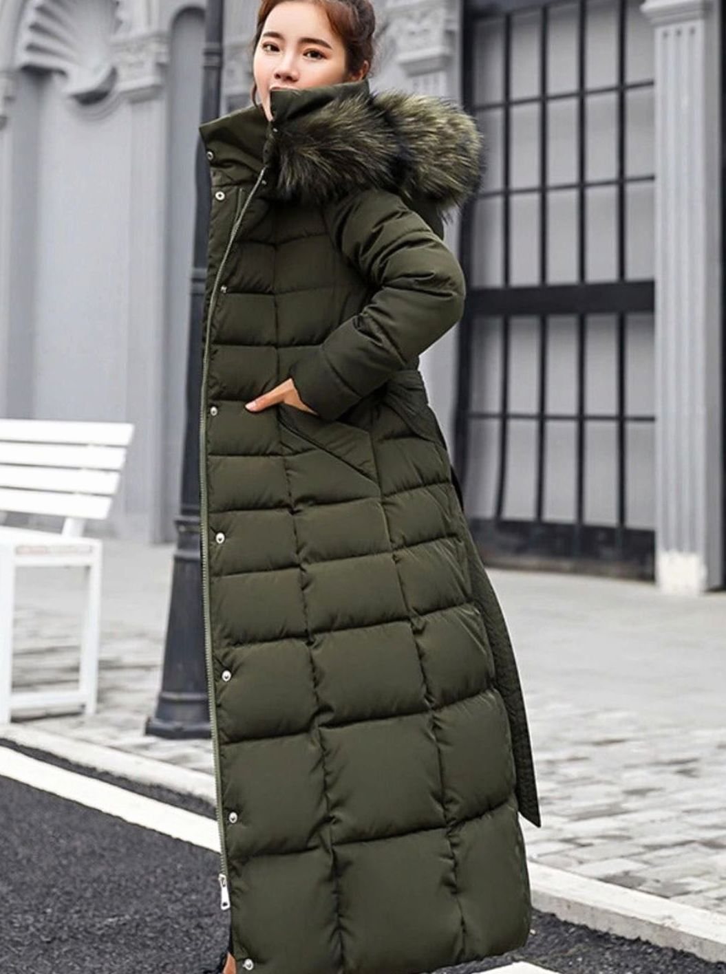 Long hooded puffer belted coat for women