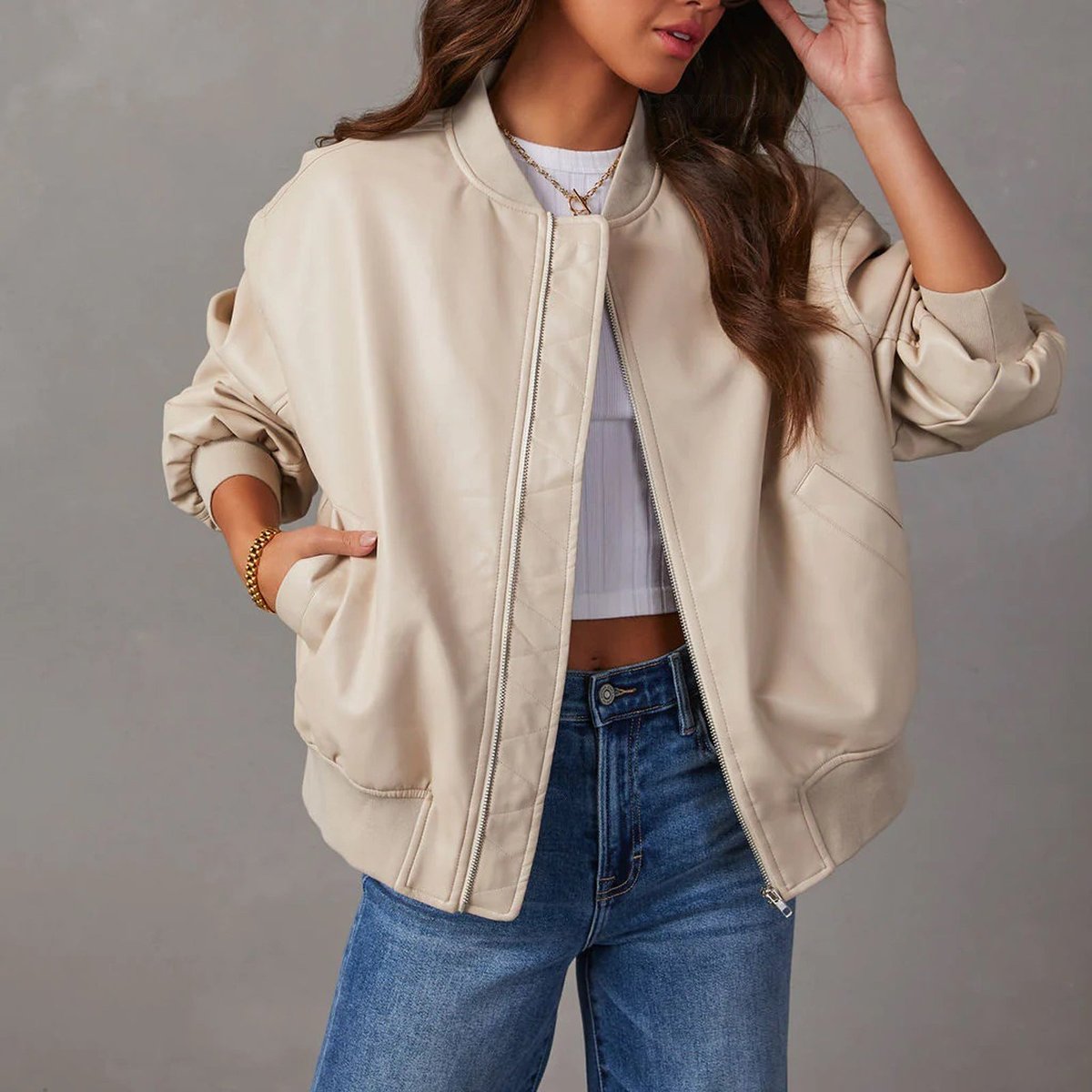 Faux leather bomber jacket for women in brown, cream or black