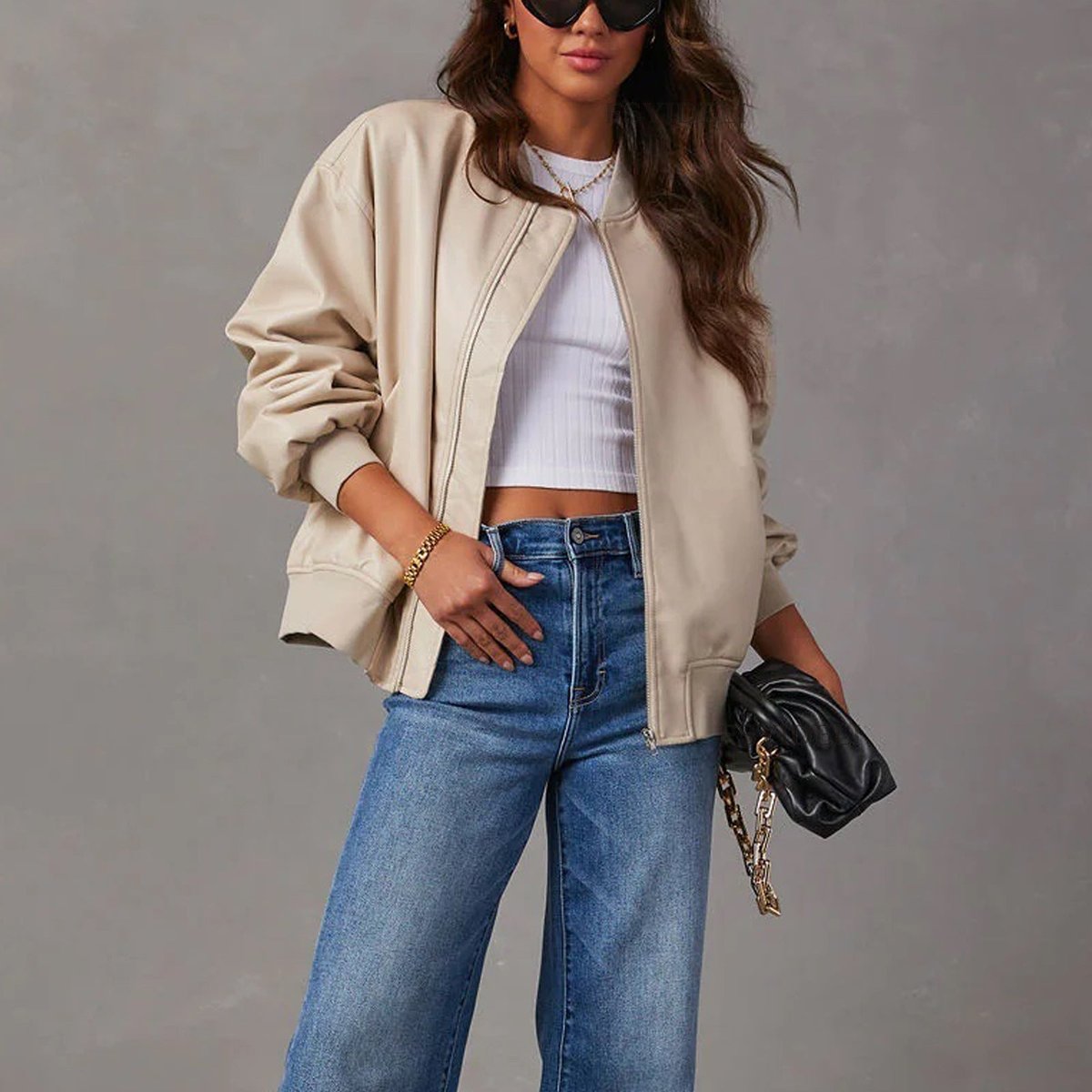 Faux leather bomber jacket for women in brown, cream or black