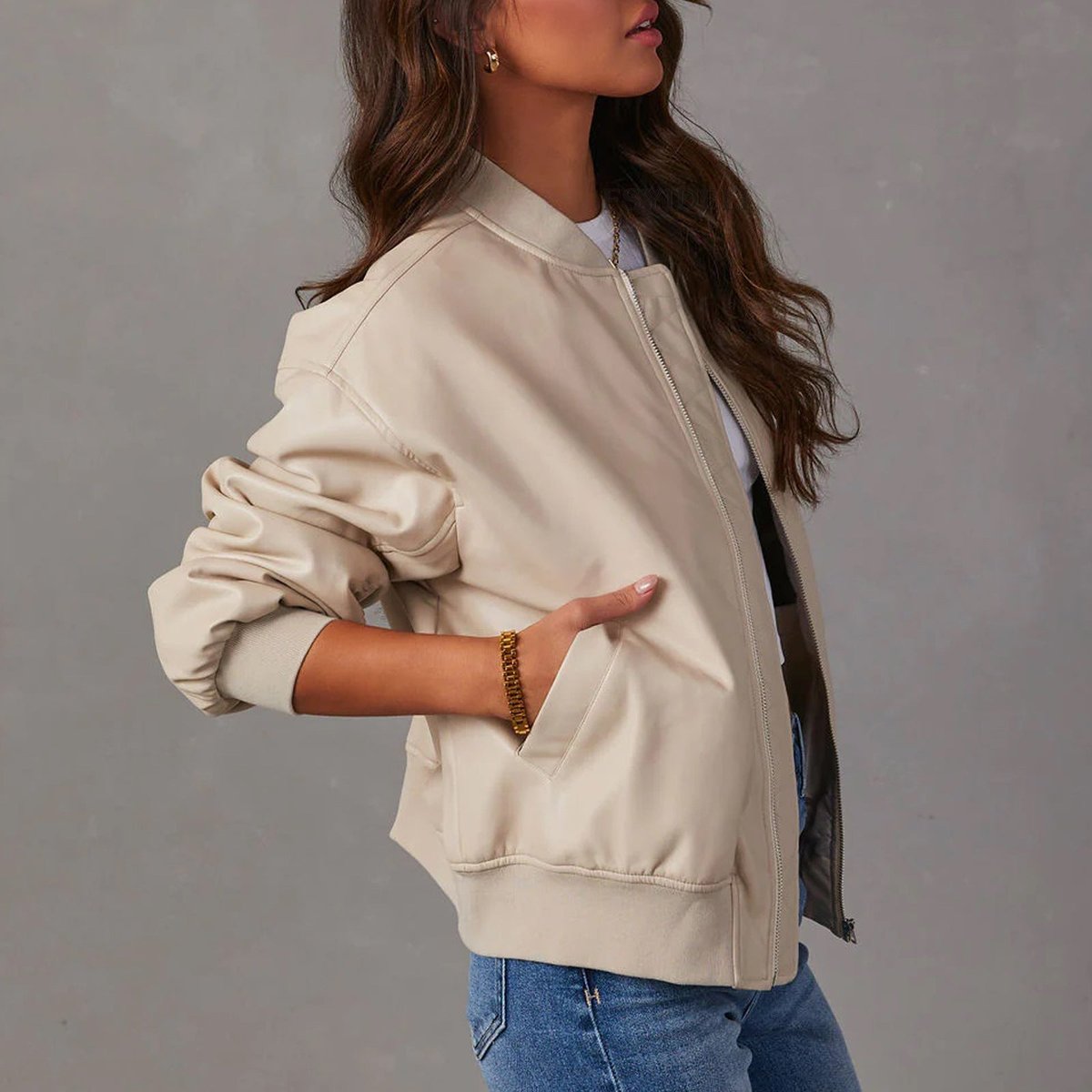 Faux leather bomber jacket for women in brown, cream or black