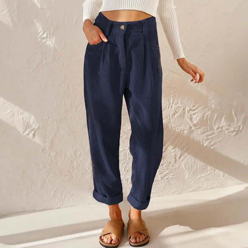Pleated corduroy trousers for women