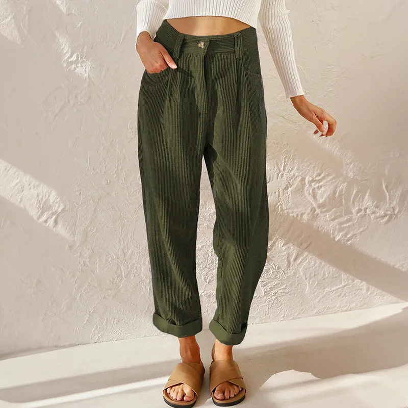 Pleated corduroy trousers for women