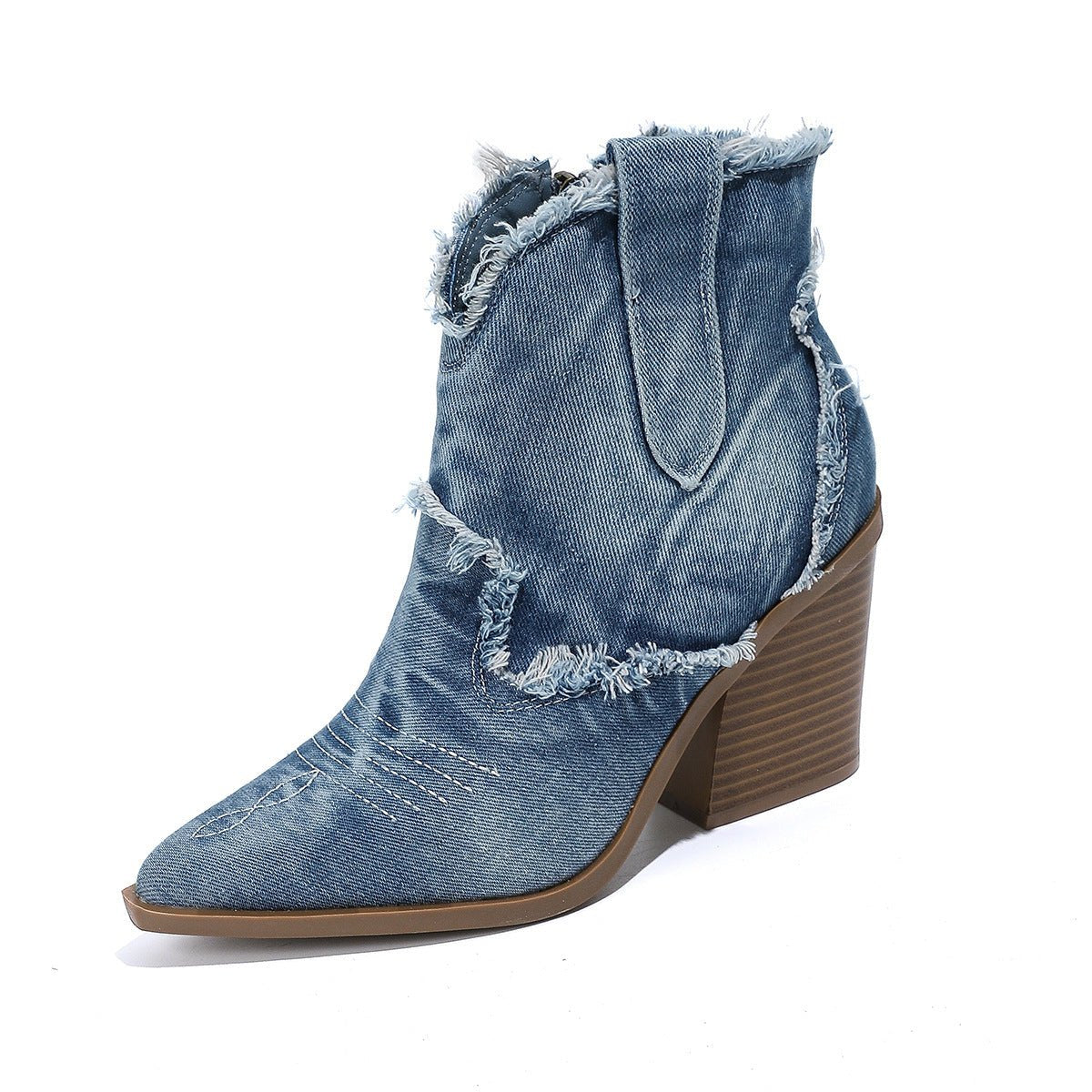 Pointed toe distressed denim ankle boots for women