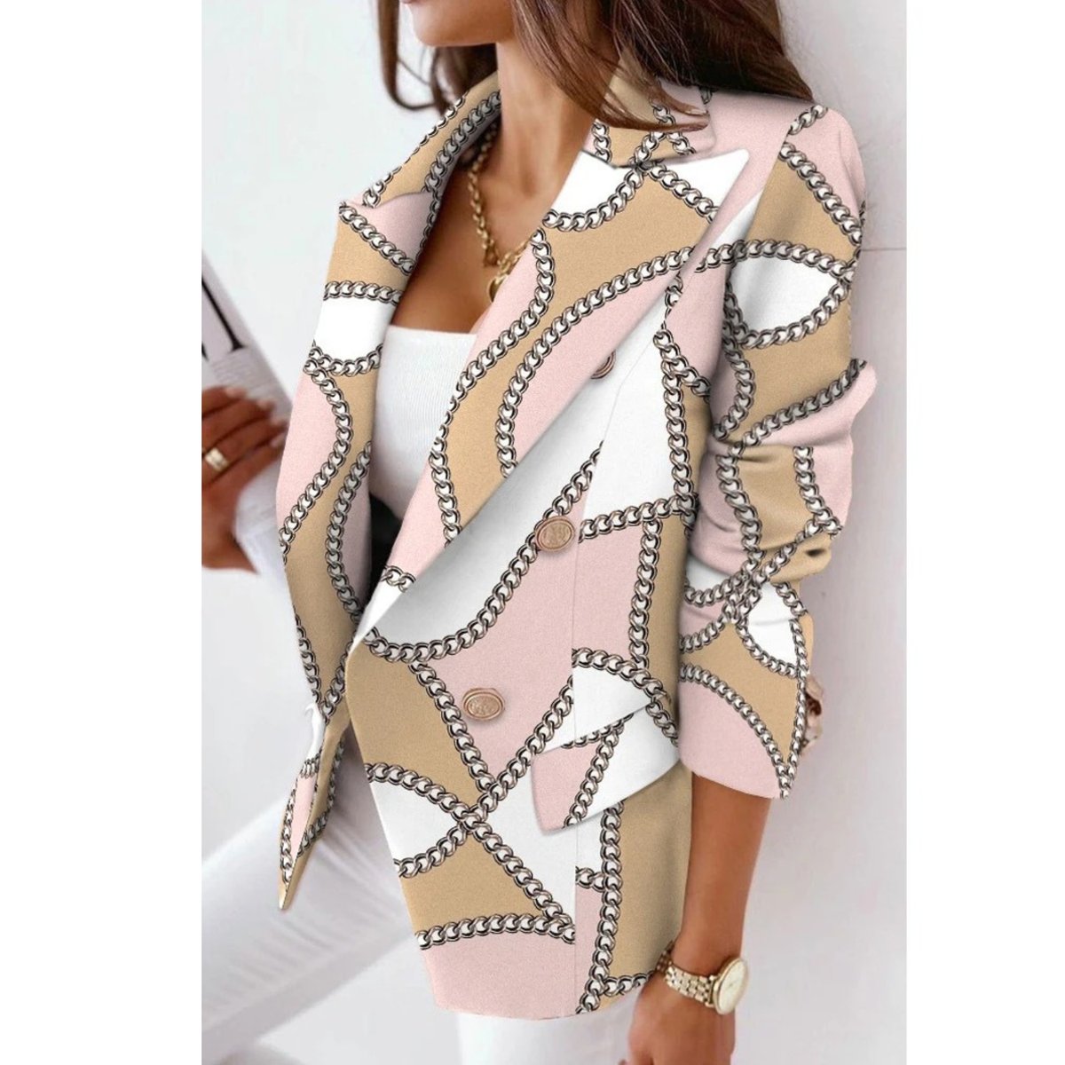 Abstract print double-breasted blazer in rose brown for women