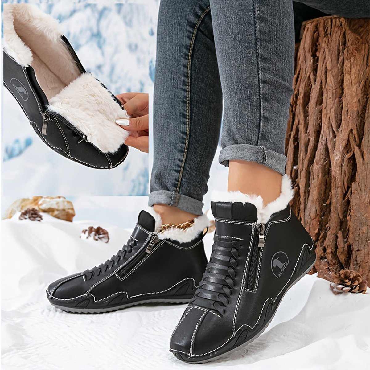 Side-zip plush-lined ankle snow boots for women