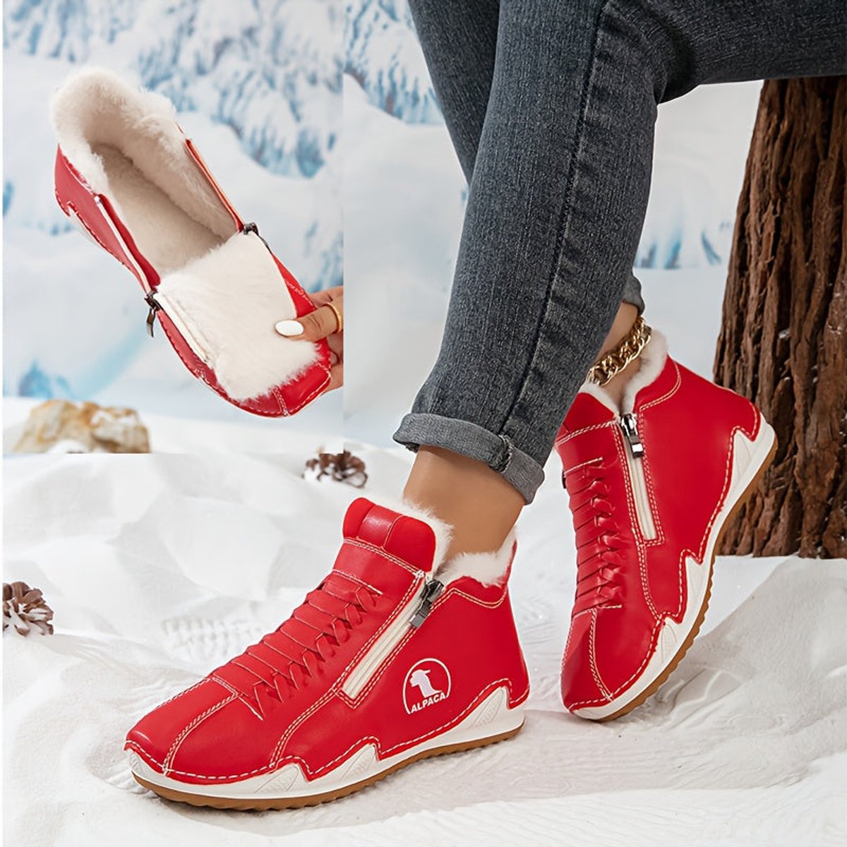 Side-zip plush-lined ankle snow boots for women