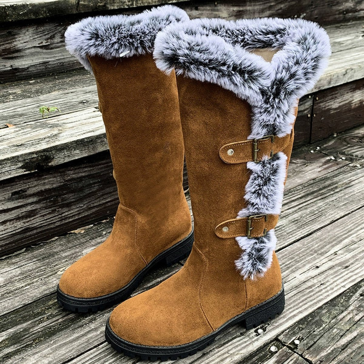 Fur trim knee-high boots in black, red or light brown for women