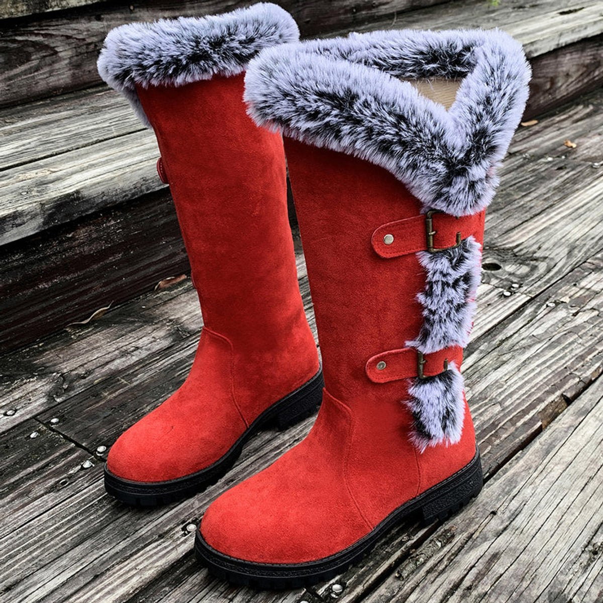 Fur trim knee-high boots in black, red or light brown for women
