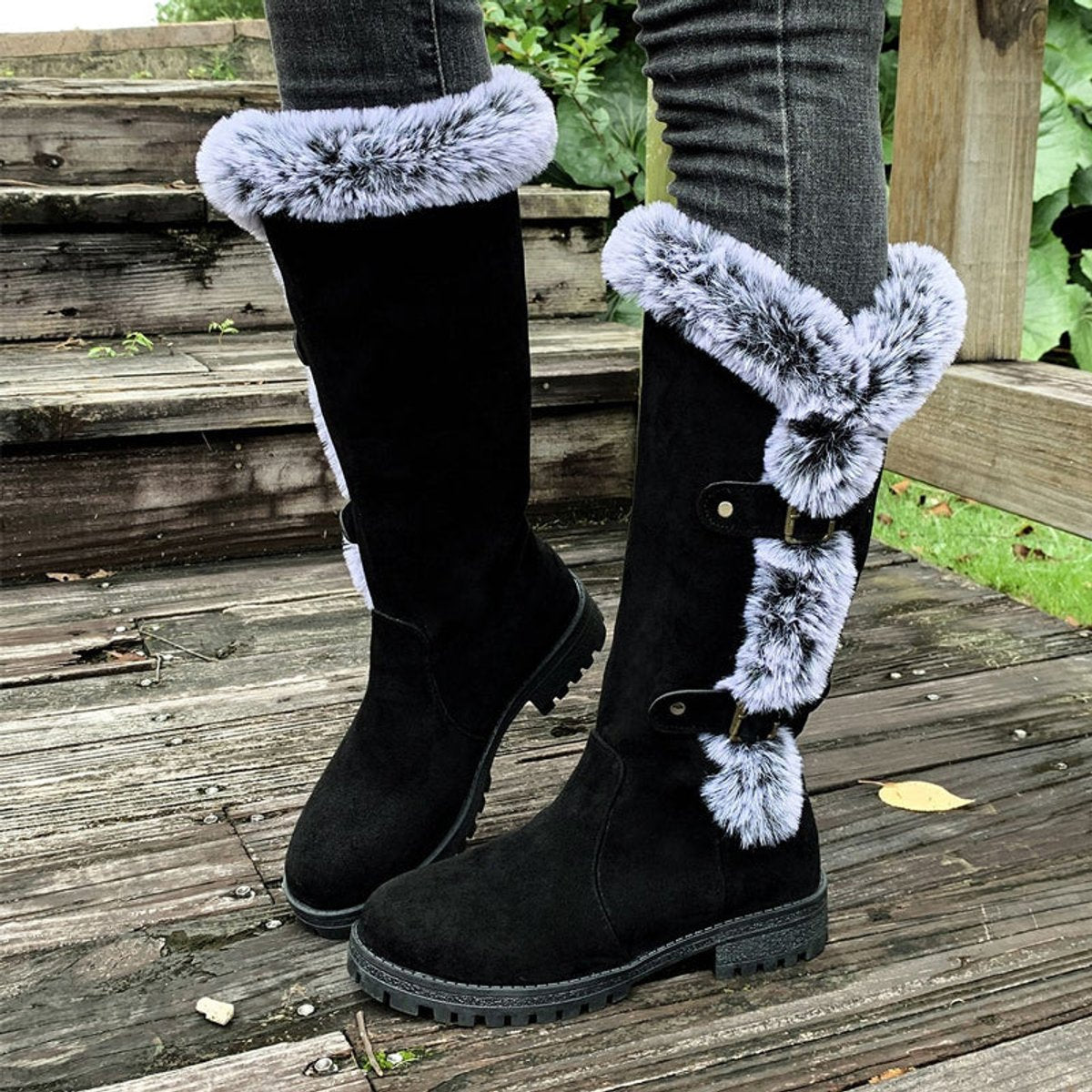 Fur trim knee-high boots in black, red or light brown for women