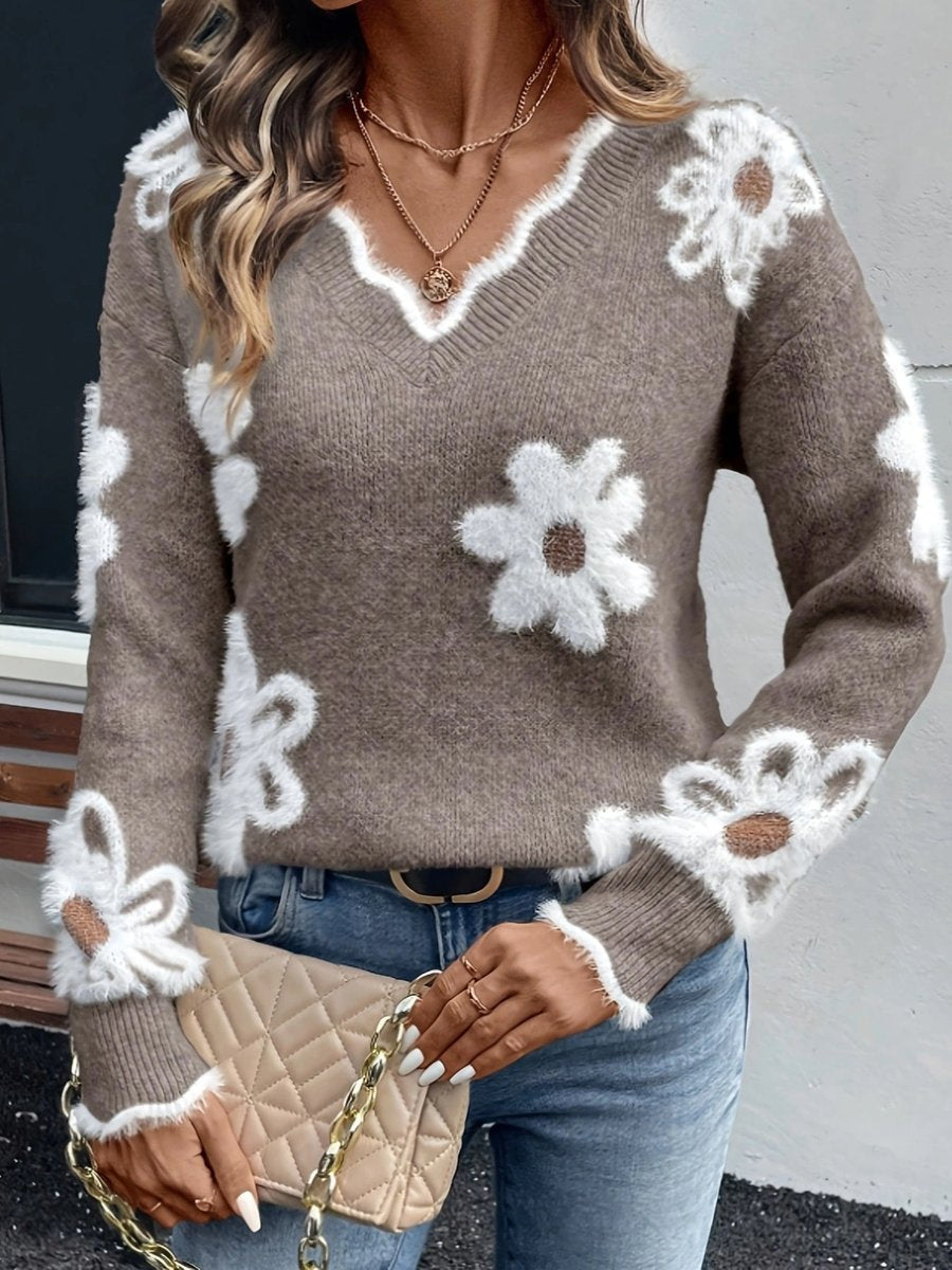 Daisy V-neck knitted sweater for women