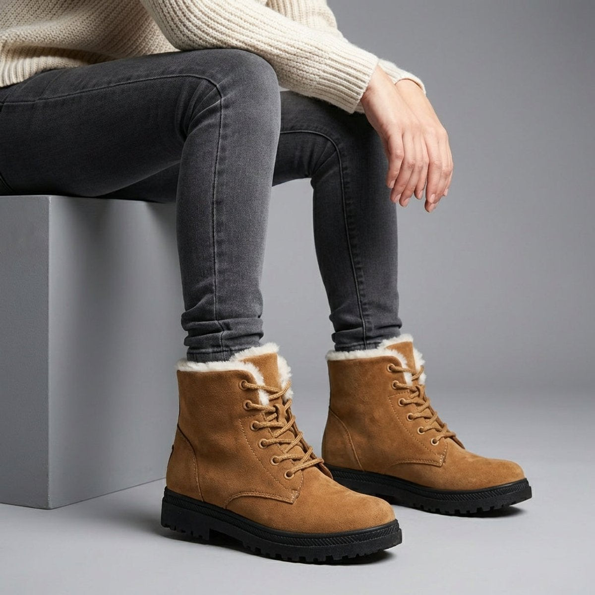 Plush-collar lace-up ankle snow boots for women