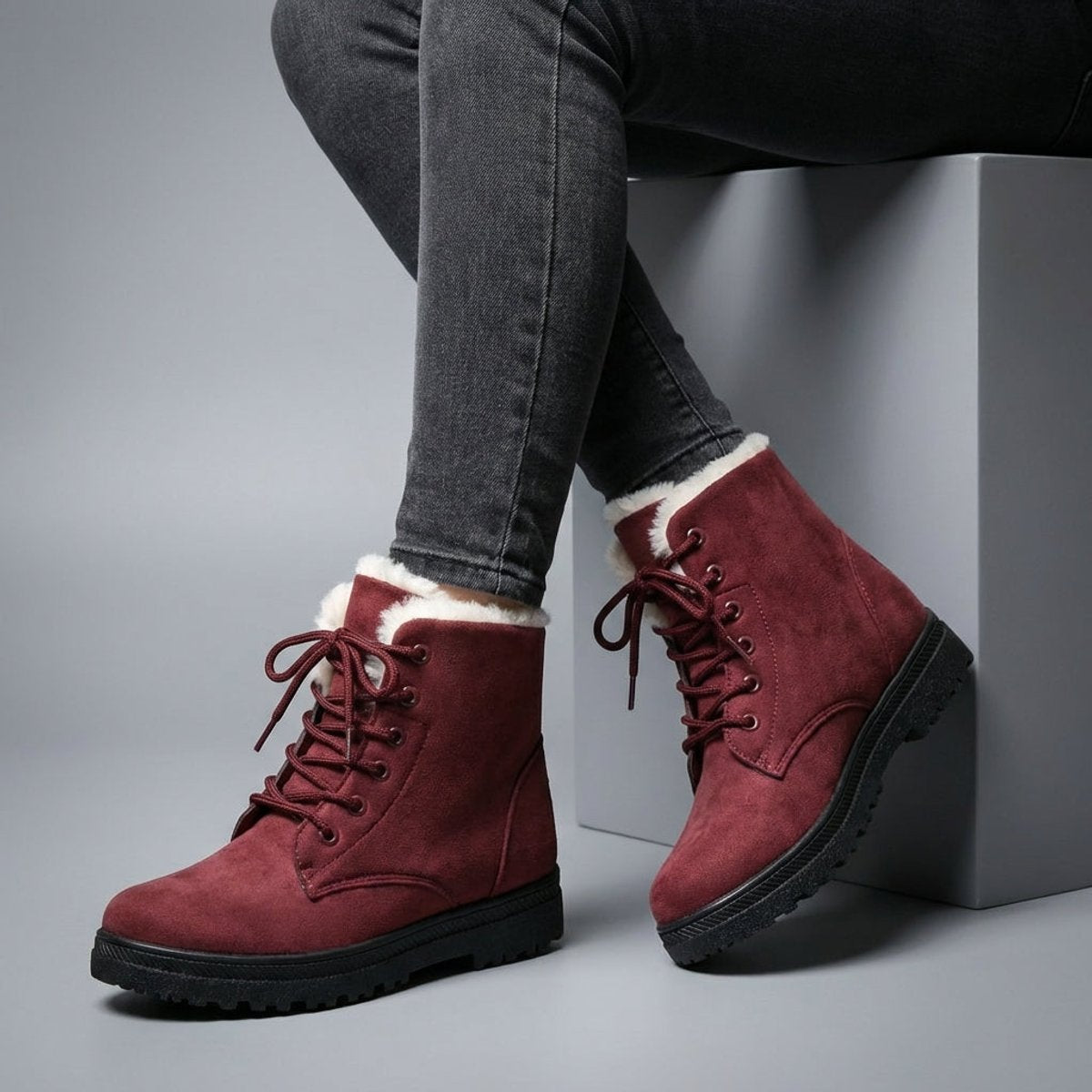 Plush-collar lace-up ankle snow boots for women