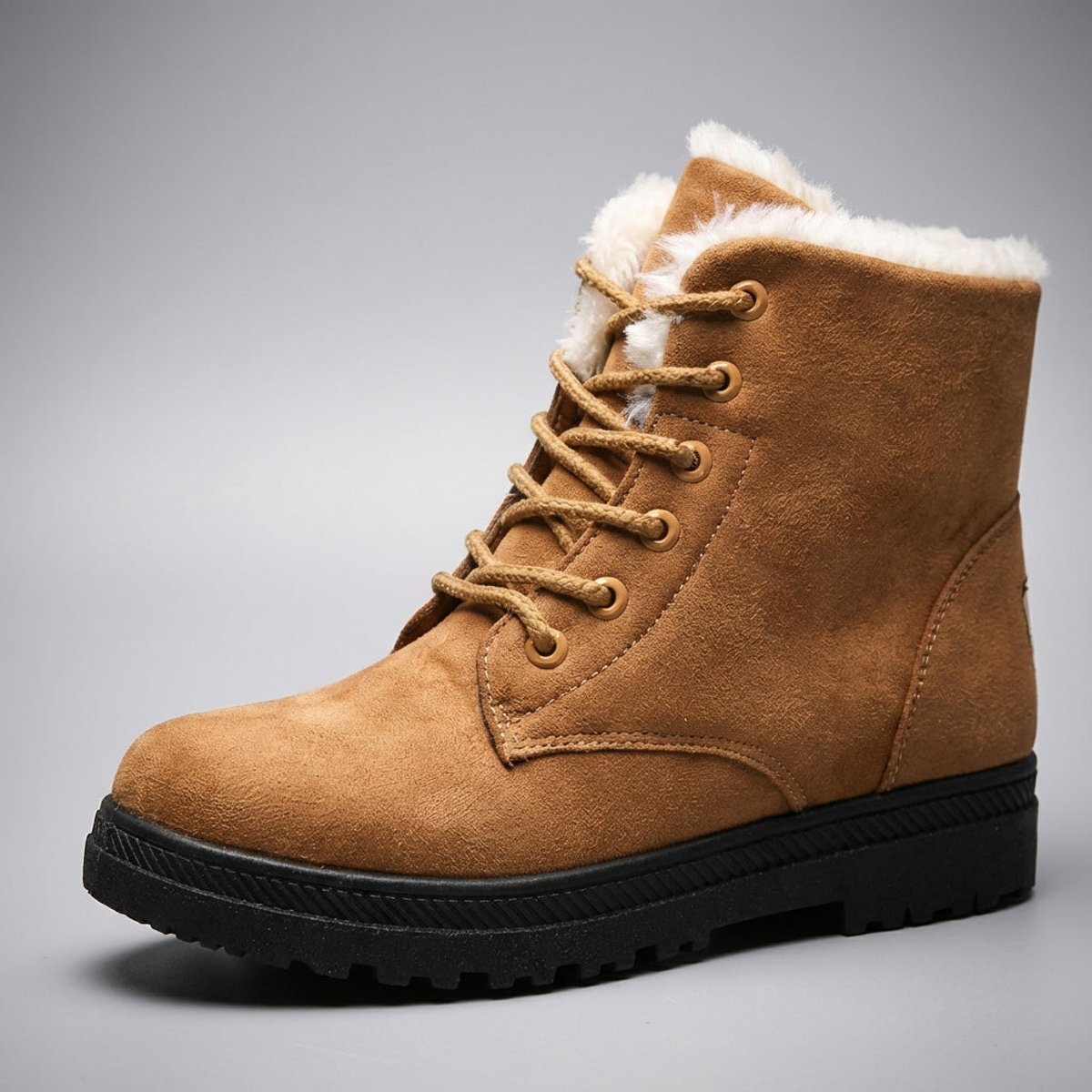 Plush-collar lace-up ankle snow boots in brown for women