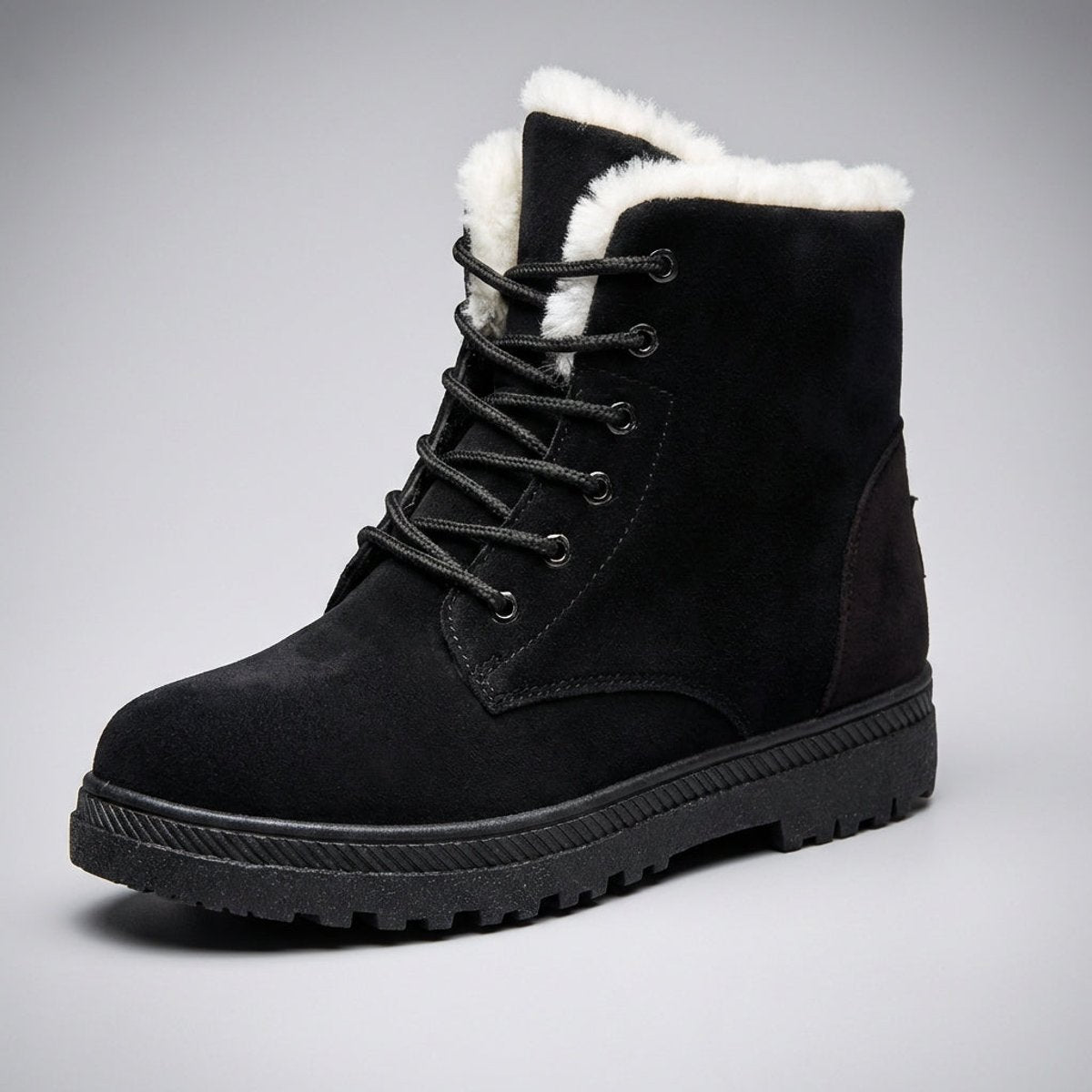 Plush-collar lace-up ankle snow boots in black for women