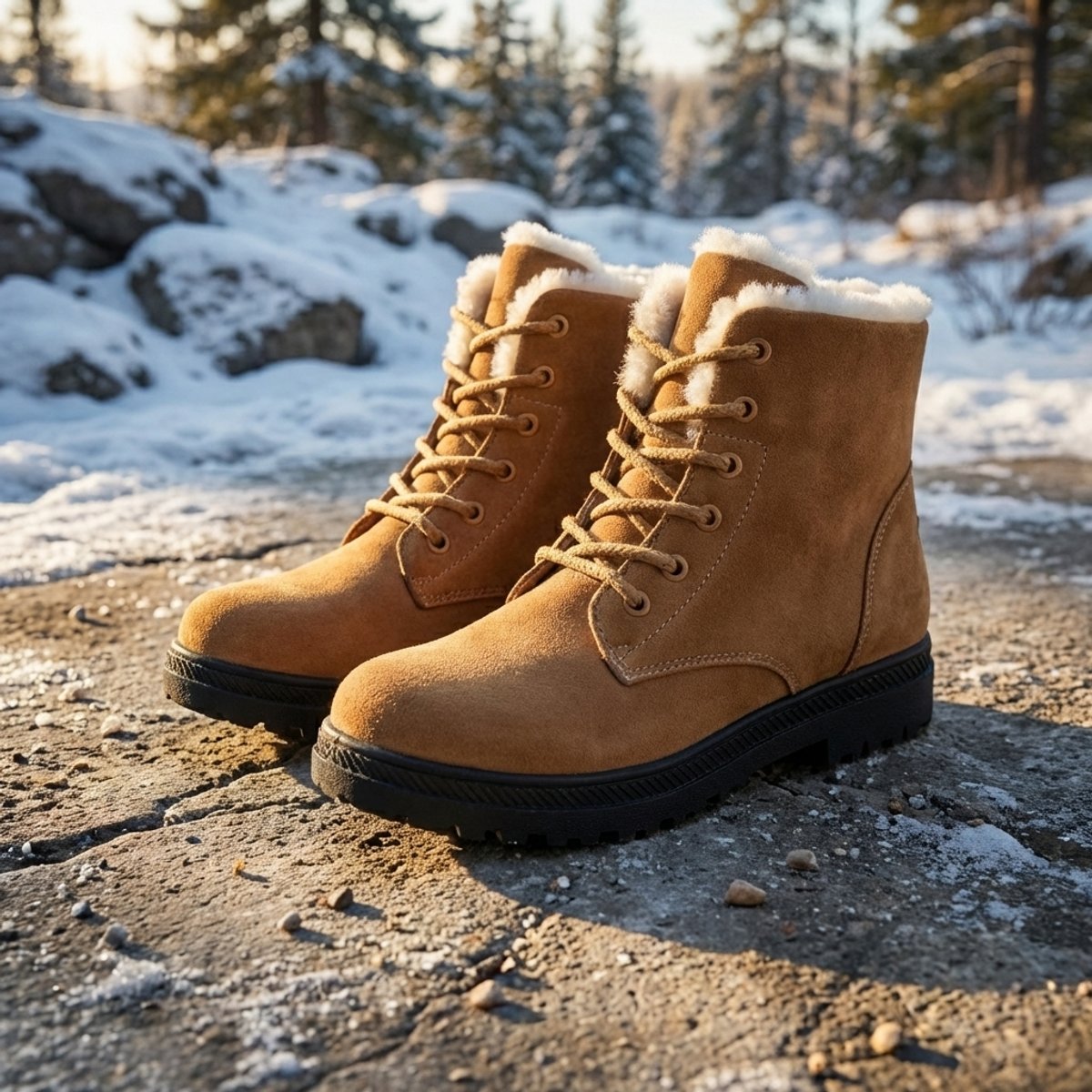 Plush-collar lace-up ankle snow boots for women