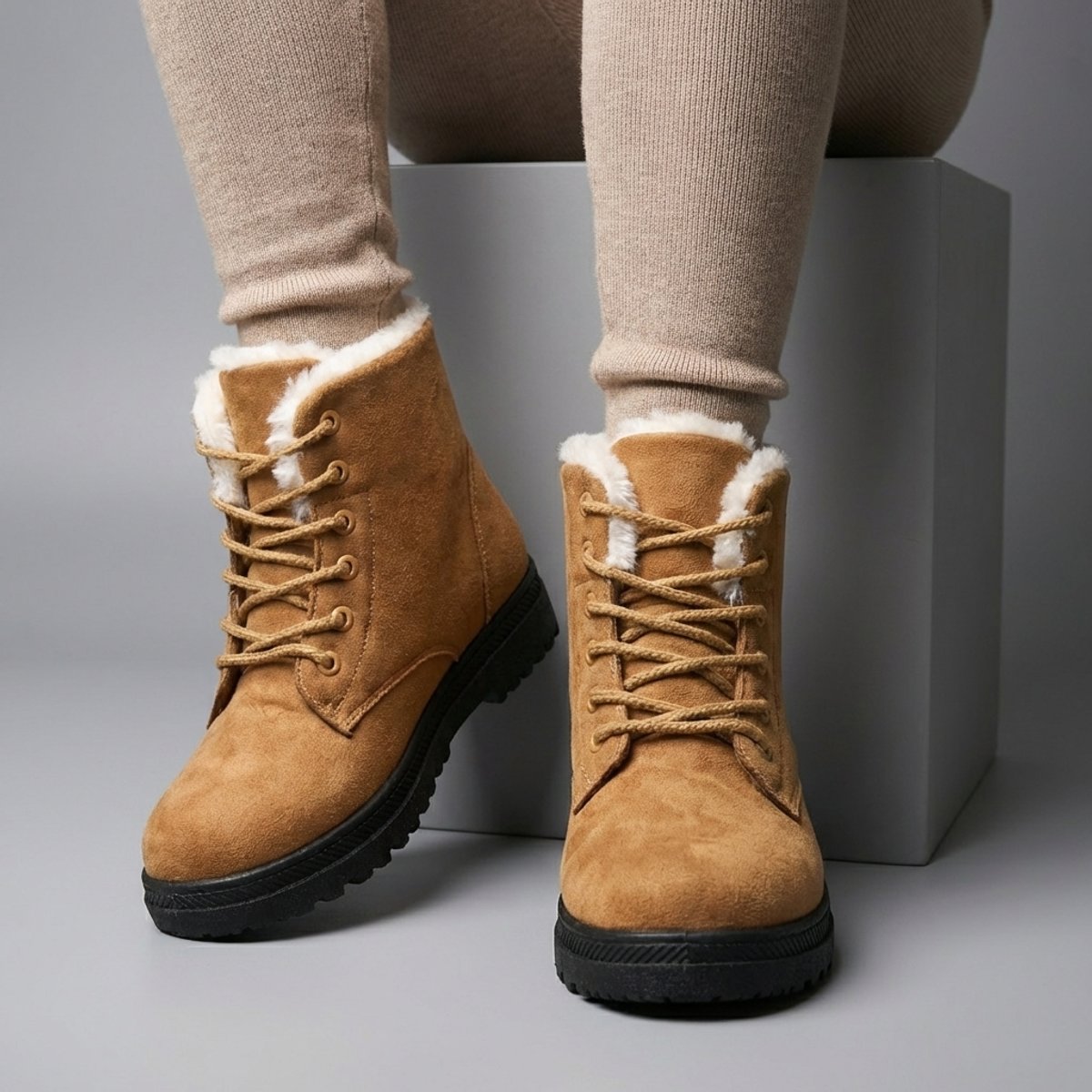 Plush-collar lace-up ankle snow boots for women