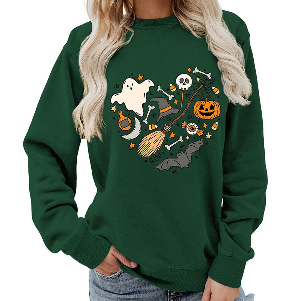 Halloween heart graphic sweatshirt in forest green for women