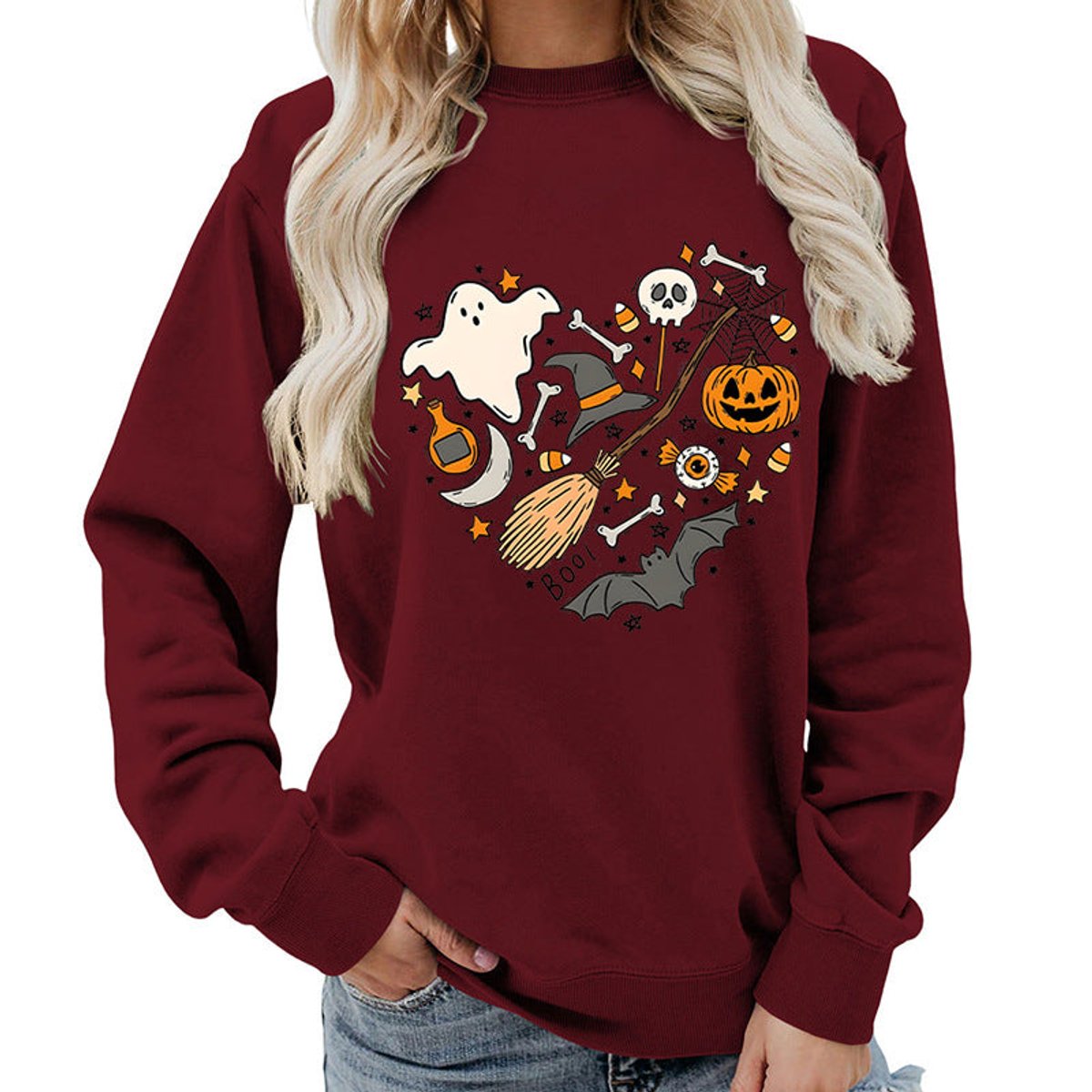 Halloween heart graphic sweatshirt in wine red for women