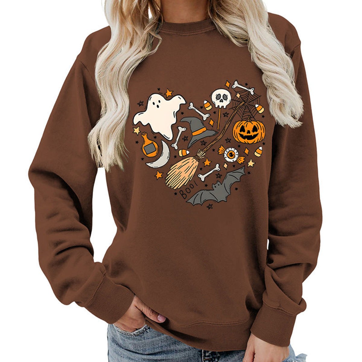 Halloween heart graphic sweatshirt in brown for women