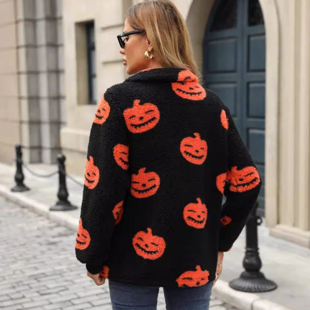 Pumpkin print fleece half-zip pullover in black for women