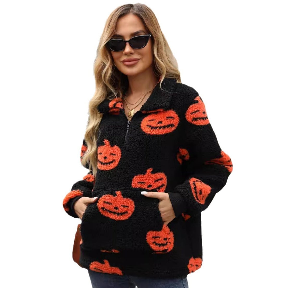 Pumpkin print fleece half-zip pullover in black for women