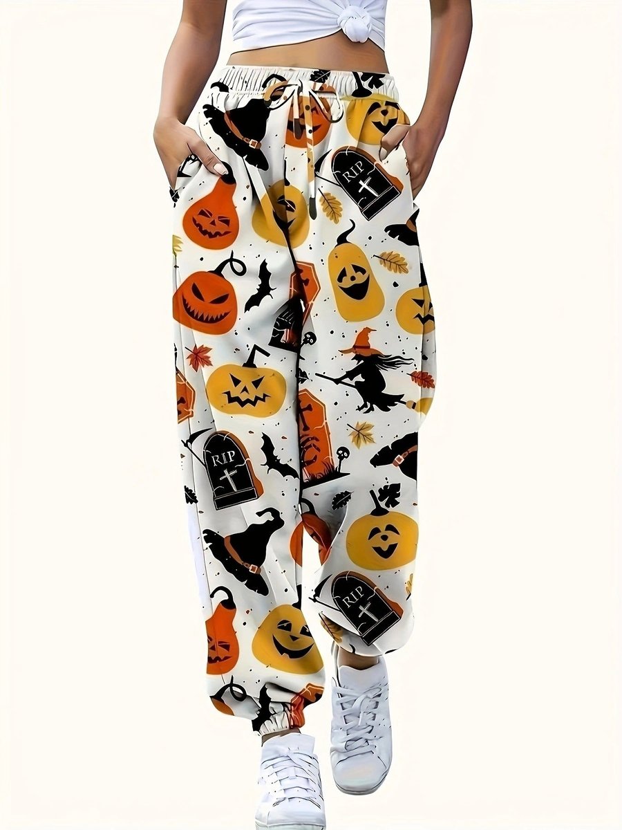Halloween print jogger pants in white for women