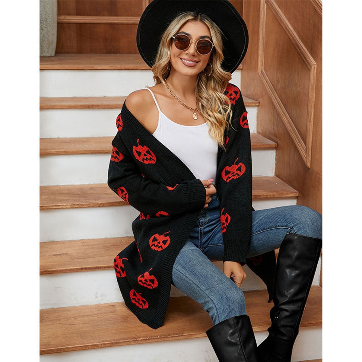 Pumpkin print longline open cardigan in black for women