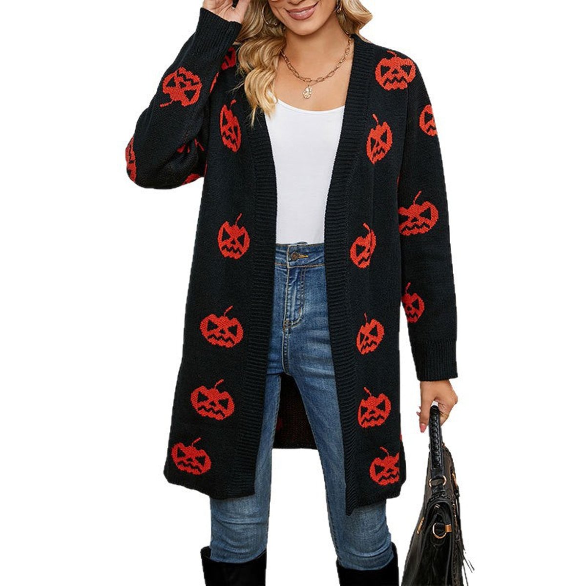 Pumpkin print longline open cardigan in black for women