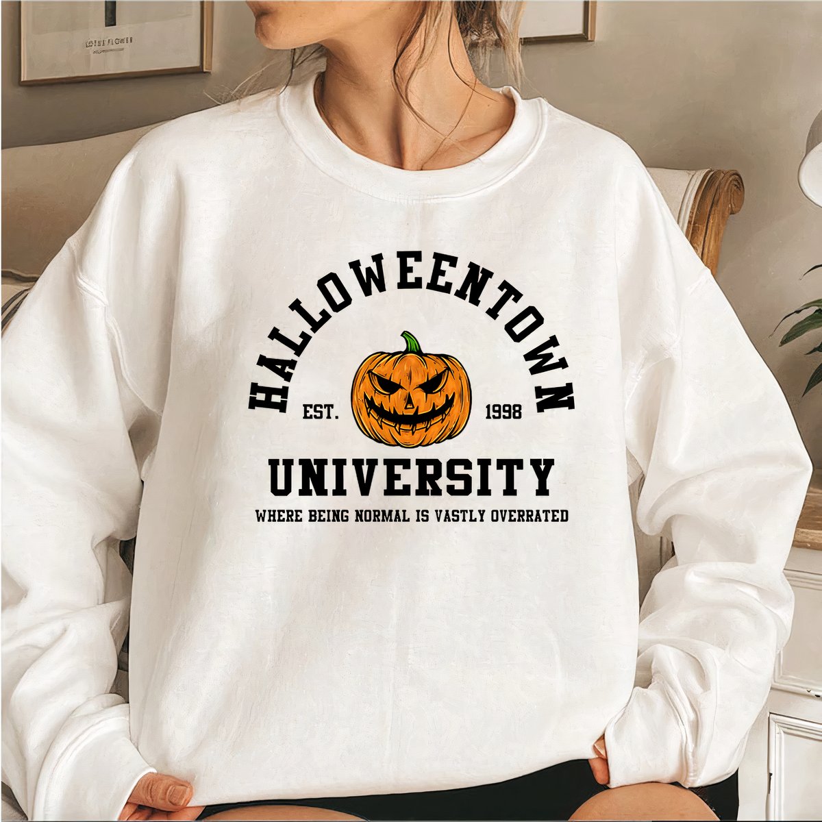 Varsity pumpkin Halloween sweatshirt in white for women