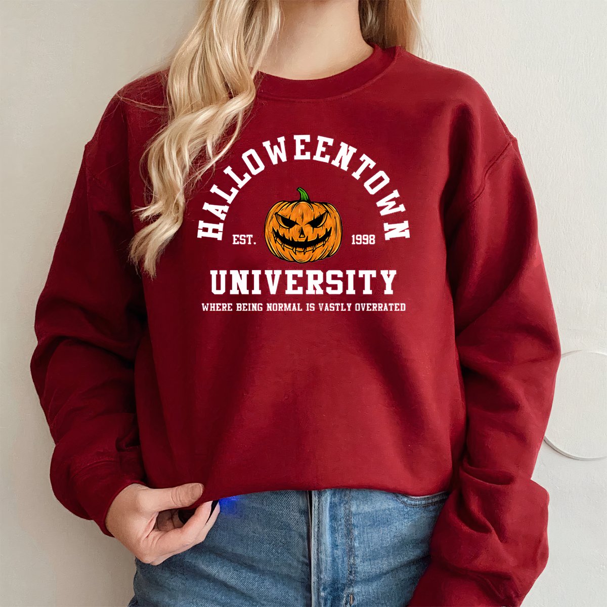 Varsity pumpkin Halloween sweatshirt in burgundy for women