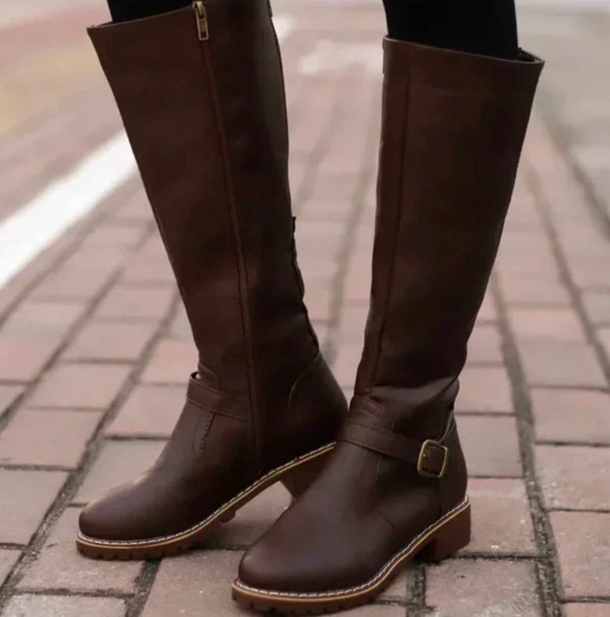Buckle strap leather riding boots for women