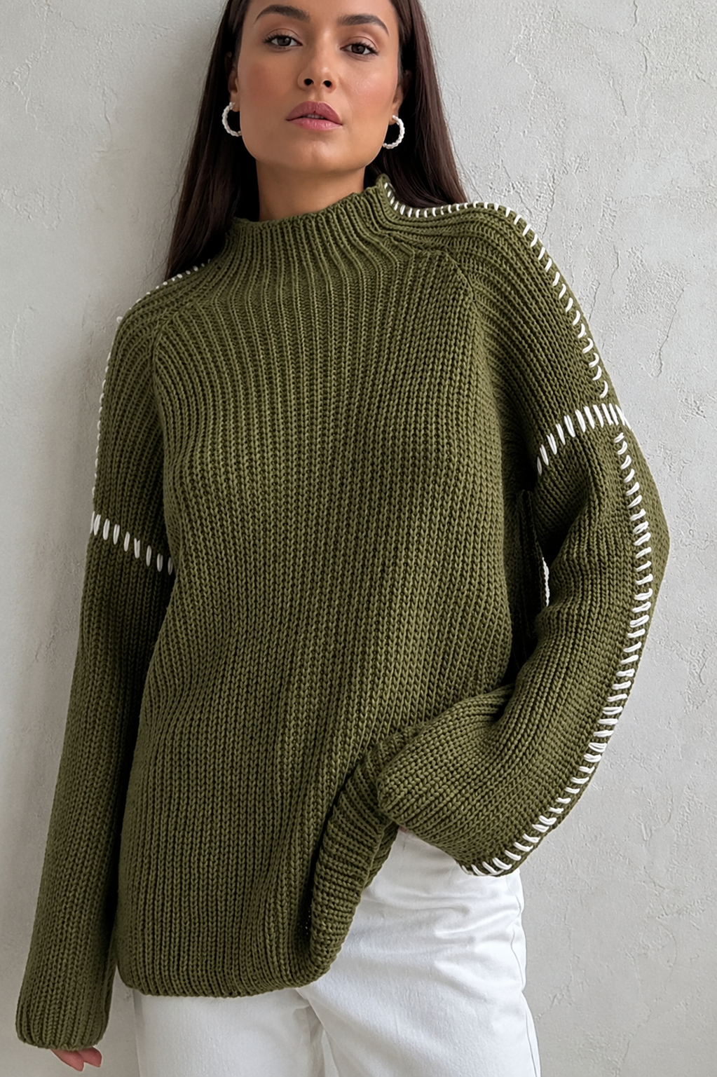 Chunky mock neck sweater in army green, black and grey for women