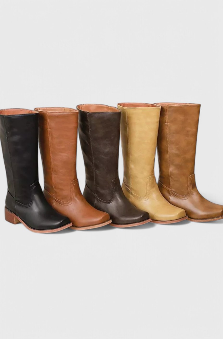 Square toe tall boots in brown, black, yellow or light brown for women