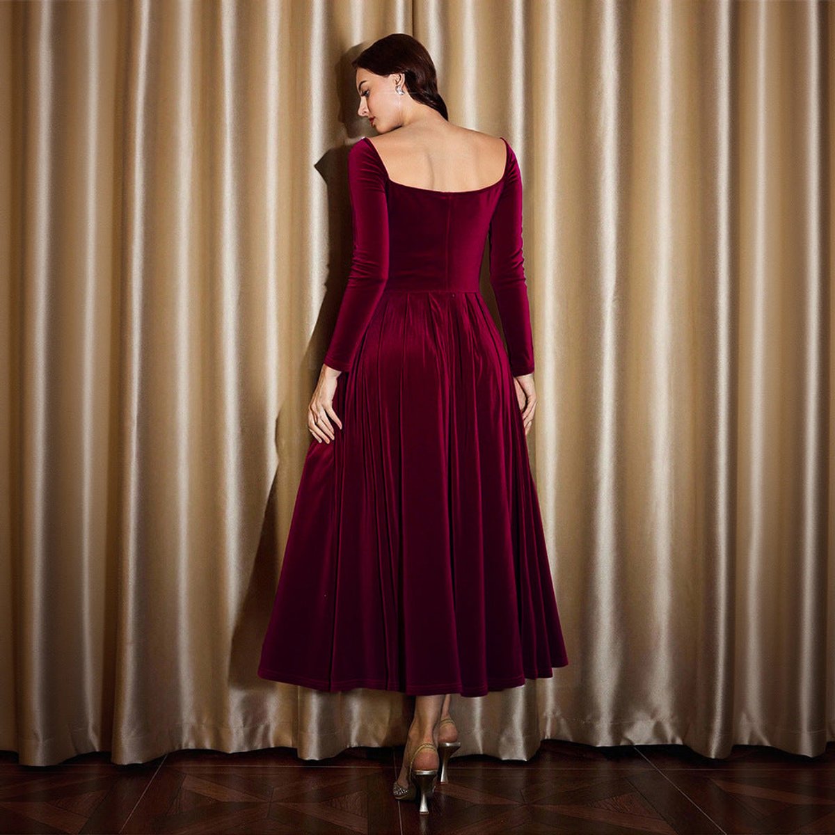 Wine red velvet midi dress with corset waist for women