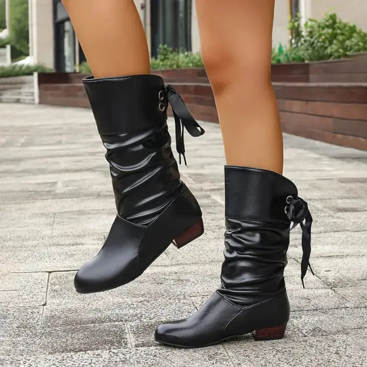 Lace-up block heel slouch boots for women