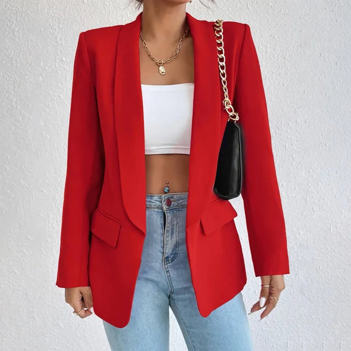 Open-front shawl-collar blazer in red for women