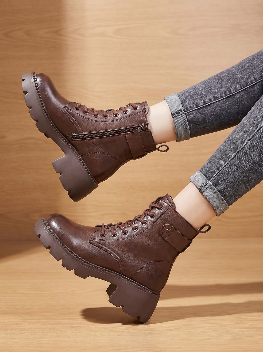 Lace-up lug sole platform ankle boots for women