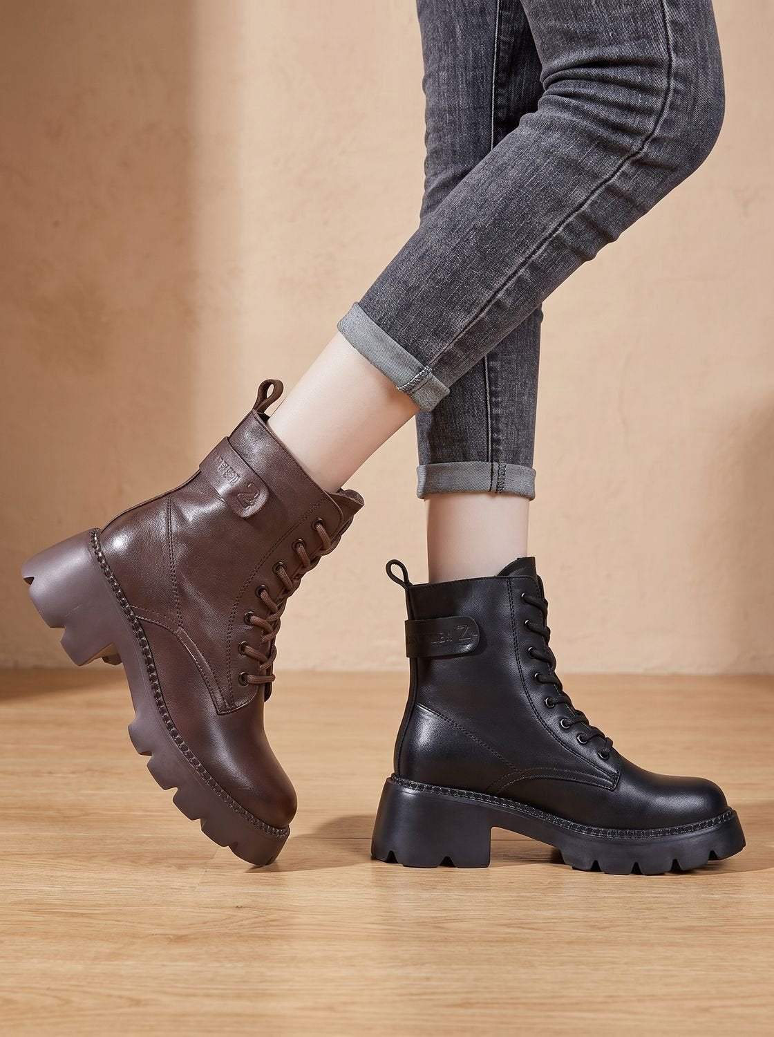 Lace-up lug sole platform ankle boots for women