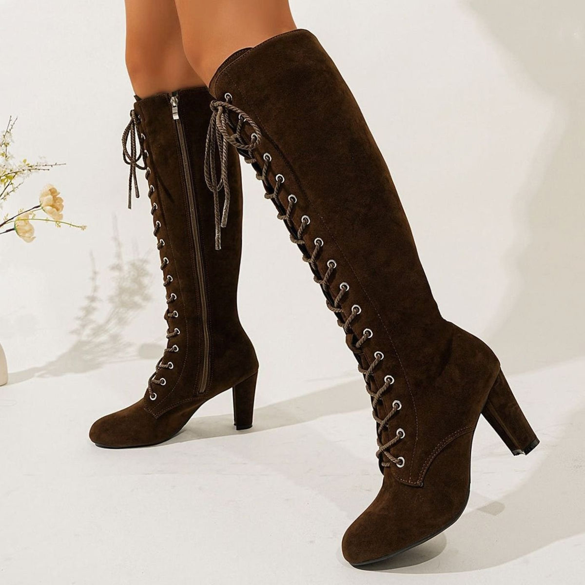 Lace-up over-the-knee boots in black or brown for women