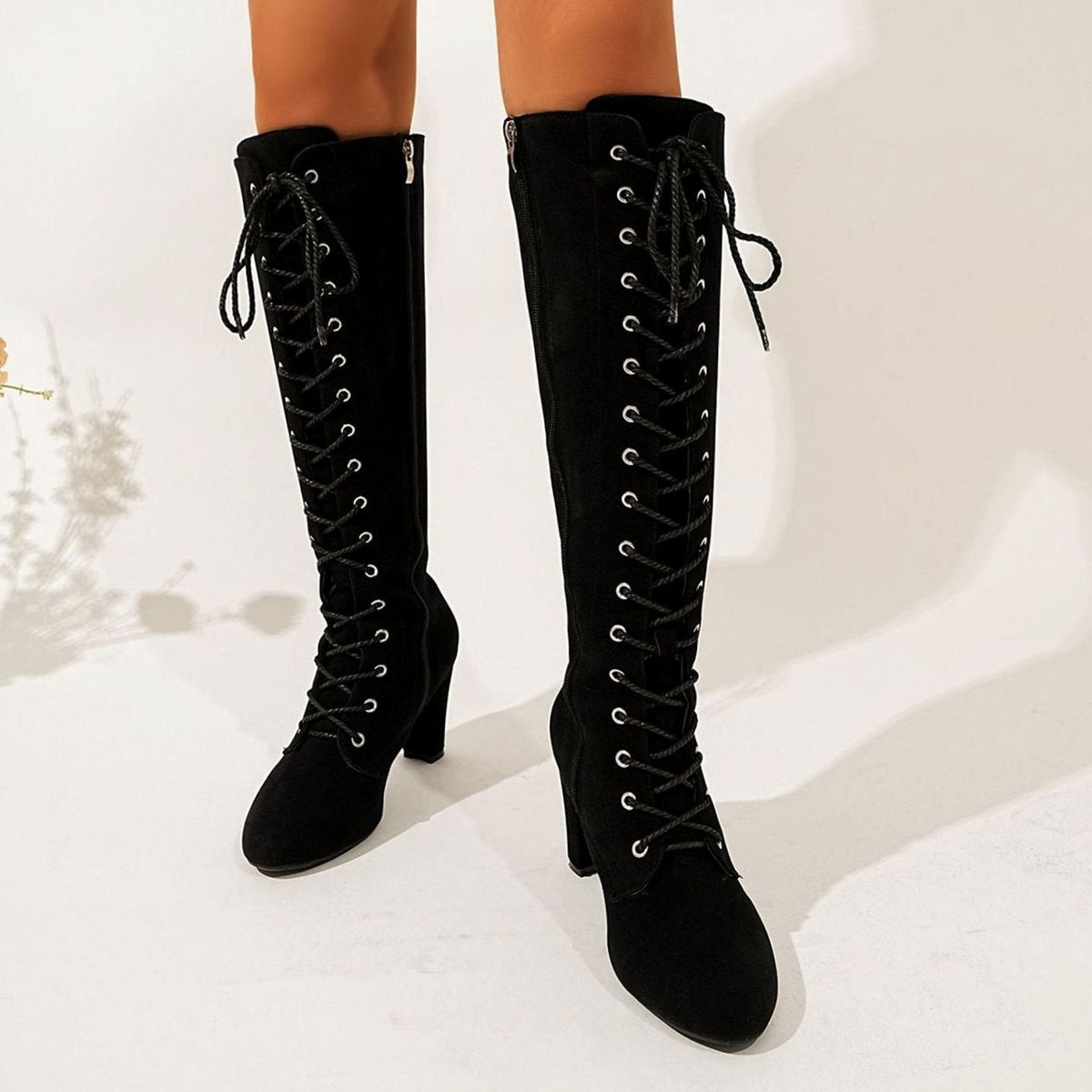 Lace-up over-the-knee boots in black or brown for women
